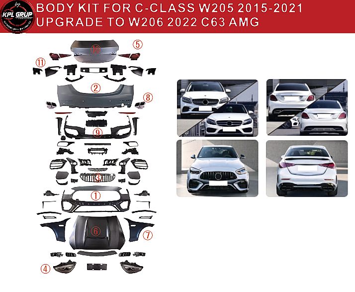 Mercedes-Benz W205'ten W206 AMG C63'e Yükseltme Kiti (Far, Stop Lambası, Kaput ve Çamurluklar) 2015-2018 - 2